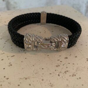 Judith Ripka Cz Sterling Silver 925 Double Braided Black Leather Bracelet